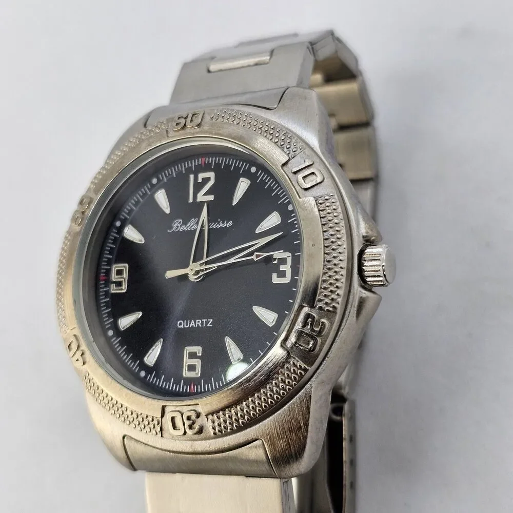 Belle Suisse 38MM Men's Watch Black Dial Gray Band Mineral Crystal 8